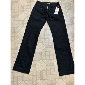 NWT JCJQ Jeans Sz 7 Black Denim Trouser Drawstring Low Rise Flap Pockets